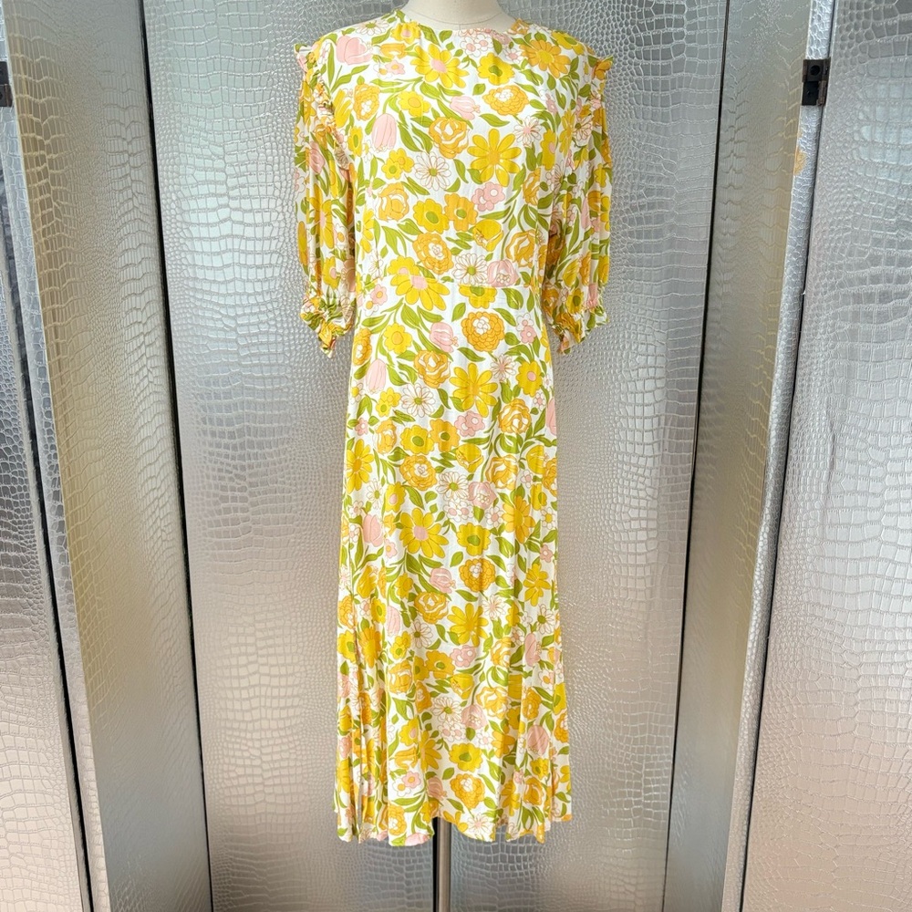 Faithfull the Brand Yellow and White V-Neck Sundress